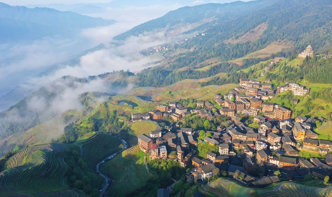 Aerial view of Ping'an Village in Longsheng County, China's Guangxi