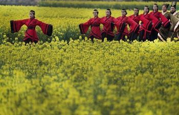 People present Han-style costumes during show at cole flower field in NW China